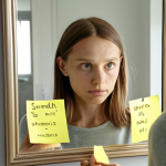 **Realistic self-portrait in a mirror:** A person realistically examining their reflection in a mirror, surrounded by sticky notes listing strengths and weaknesses. Soft, natural lighting, Swedish home decor visible.