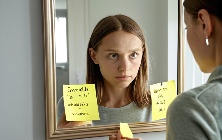 **Realistic self-portrait in a mirror:** A person realistically examining their reflection in a mirror, surrounded by sticky notes listing strengths and weaknesses. Soft, natural lighting, Swedish home decor visible.