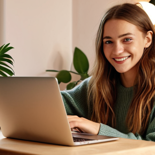 **A young, confident woman sits in front of her laptop, recording a video blog. She's smiling slightly, with a natural and authentic expression. Soft, warm lighting. The background is a cozy, Scandinavian-style room with plants and personal touches. The focus is on creating a positive and encouraging vibe.**