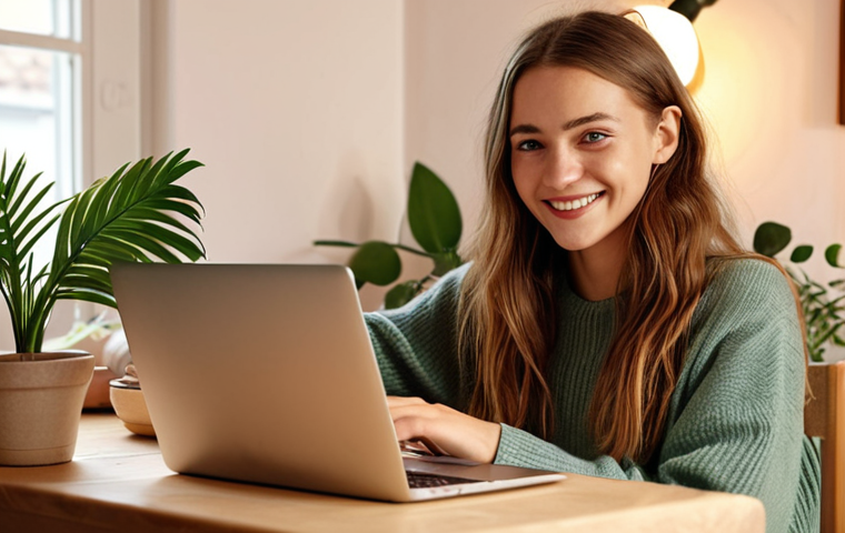 **A young, confident woman sits in front of her laptop, recording a video blog. She's smiling slightly, with a natural and authentic expression. Soft, warm lighting. The background is a cozy, Scandinavian-style room with plants and personal touches. The focus is on creating a positive and encouraging vibe.**