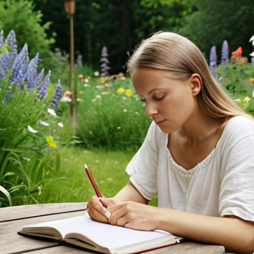**

A person journaling outdoors in a cozy garden setting, surrounded by lush greenery and blooming flowers. Focus on the individual's peaceful expression and the natural elements that enhance the sense of self-reflection and mindfulness. Capture the essence of a Swedish summer day.

**