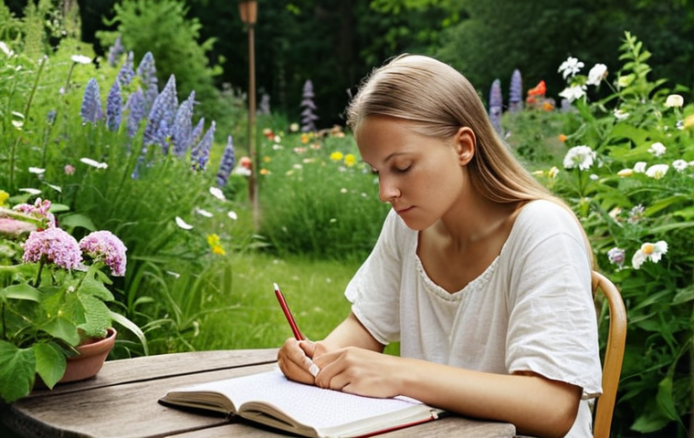 **

A person journaling outdoors in a cozy garden setting, surrounded by lush greenery and blooming flowers. Focus on the individual's peaceful expression and the natural elements that enhance the sense of self-reflection and mindfulness. Capture the essence of a Swedish summer day.

**