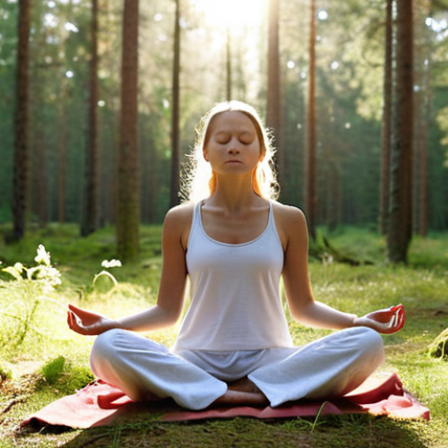 **A serene mindfulness meditation session:** A person sits in a peaceful Swedish forest clearing, bathed in soft sunlight, practicing mindfulness meditation. Focus on tranquility, nature, and inner peace.