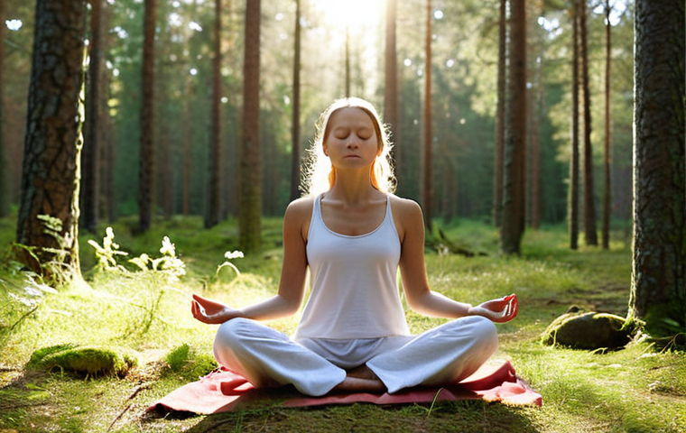 **A serene mindfulness meditation session:** A person sits in a peaceful Swedish forest clearing, bathed in soft sunlight, practicing mindfulness meditation. Focus on tranquility, nature, and inner peace.