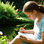 **A person sitting outdoors, journaling in a sun-drenched garden, surrounded by lush greenery and colorful flowers. Focus on the peaceful ambiance and the introspective expression on the person's face.** (This visualizes self-reflection and connecting with values in nature.)