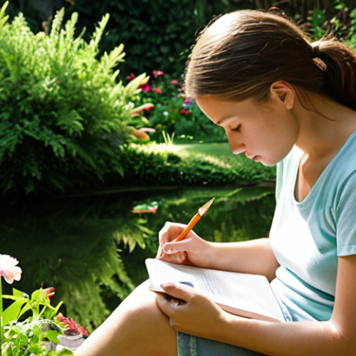 **A person sitting outdoors, journaling in a sun-drenched garden, surrounded by lush greenery and colorful flowers. Focus on the peaceful ambiance and the introspective expression on the person's face.** (This visualizes self-reflection and connecting with values in nature.)