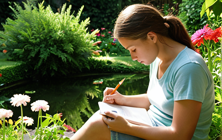 **A person sitting outdoors, journaling in a sun-drenched garden, surrounded by lush greenery and colorful flowers. Focus on the peaceful ambiance and the introspective expression on the person's face.** (This visualizes self-reflection and connecting with values in nature.)