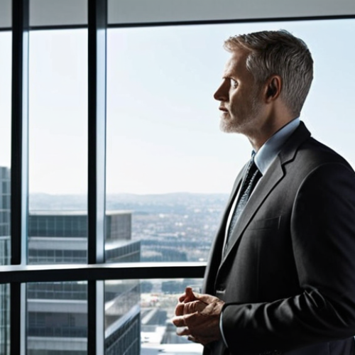 **Prompt 1: The Self-Observing Leader**
    A professional leader, contemplative and serene, stands slightly elevated as if on an invisible balcony, observing a faint, transparent version of themselves engaging in a complex business scenario below. The main figure exudes clarity and deep introspection. The background is a soft, modern office environment. Emphasize self-awareness, strategic insight, and an "inner compass" guiding decisions. Lighting is calm and reflective.